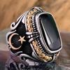 Vintage Handgemaakte Turkse Mysterieuze Totem Ster Maan Ring Voor Mannen Oude Koperkleur Zwarte Zirkonia Ring Trendy Moslim Zirkonia