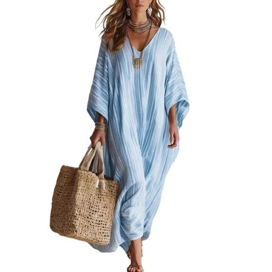 Women s Summer Striped Maxi V-Neck 46085 Sleeve Dress Loose Fit Boho Long Dress M небесно-голубой
