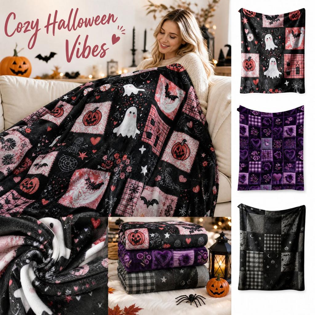 Halloween Plaid Flannel Throw Blanket with Single-Sided Print, Cozy for Couch and Bed