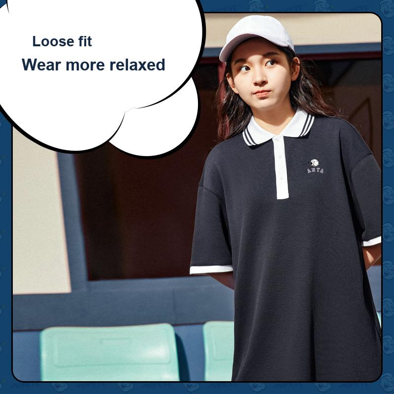 Anta X Popeye Collaboration Lifestyle Series Loose Breathable Color Block Pattern Polo Dress Women Dresses Black 962428205-2