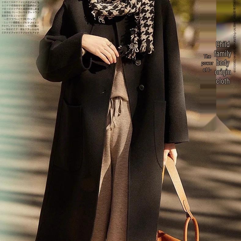 Plus Size Women's Mid-Length Wool Coat - 2025 Autumn/Winter Loose Double-Sided Fleece