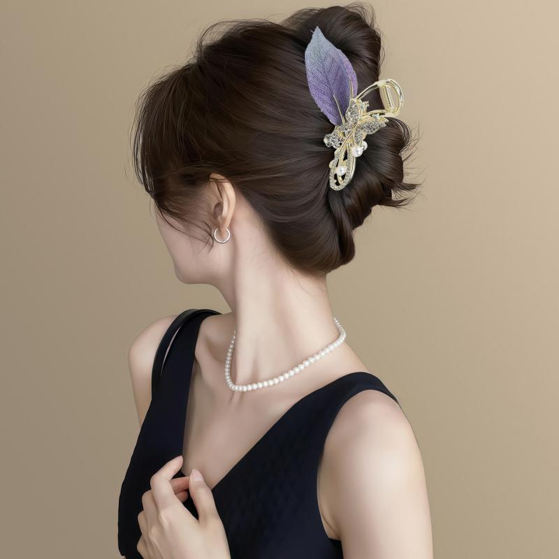 Shiny Rhinestone 10Cm Leaf Hair Claw Women Large Butterfly Flower Pearl Hair Shark Clip Exquisite Party Hair Accessories Gifts