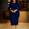 Women's Round Neck Long Sleeve Midi Dress Bodycon High Waist Elegant Peplum Office Pencil Dress With Heart Belt