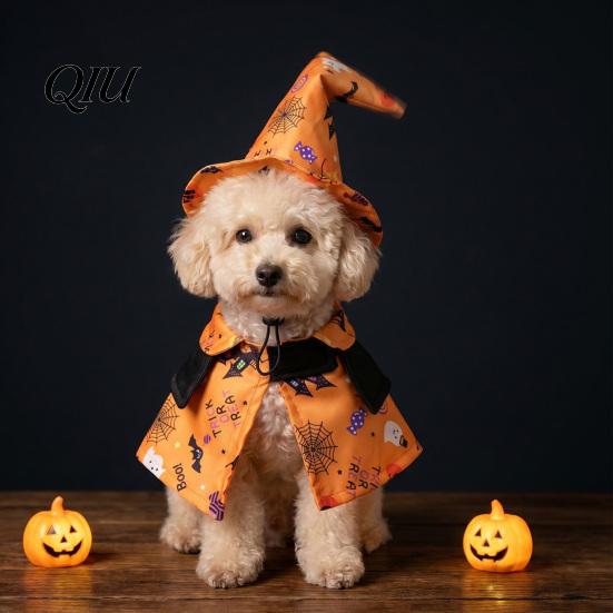 Ghost Themed Pet Outfit 1 Set Halloween Costume, Adjustable Wizard Hat And Cape, Cute Pumpkin Costume Prints, Fun for Small Dogs Cats Festive