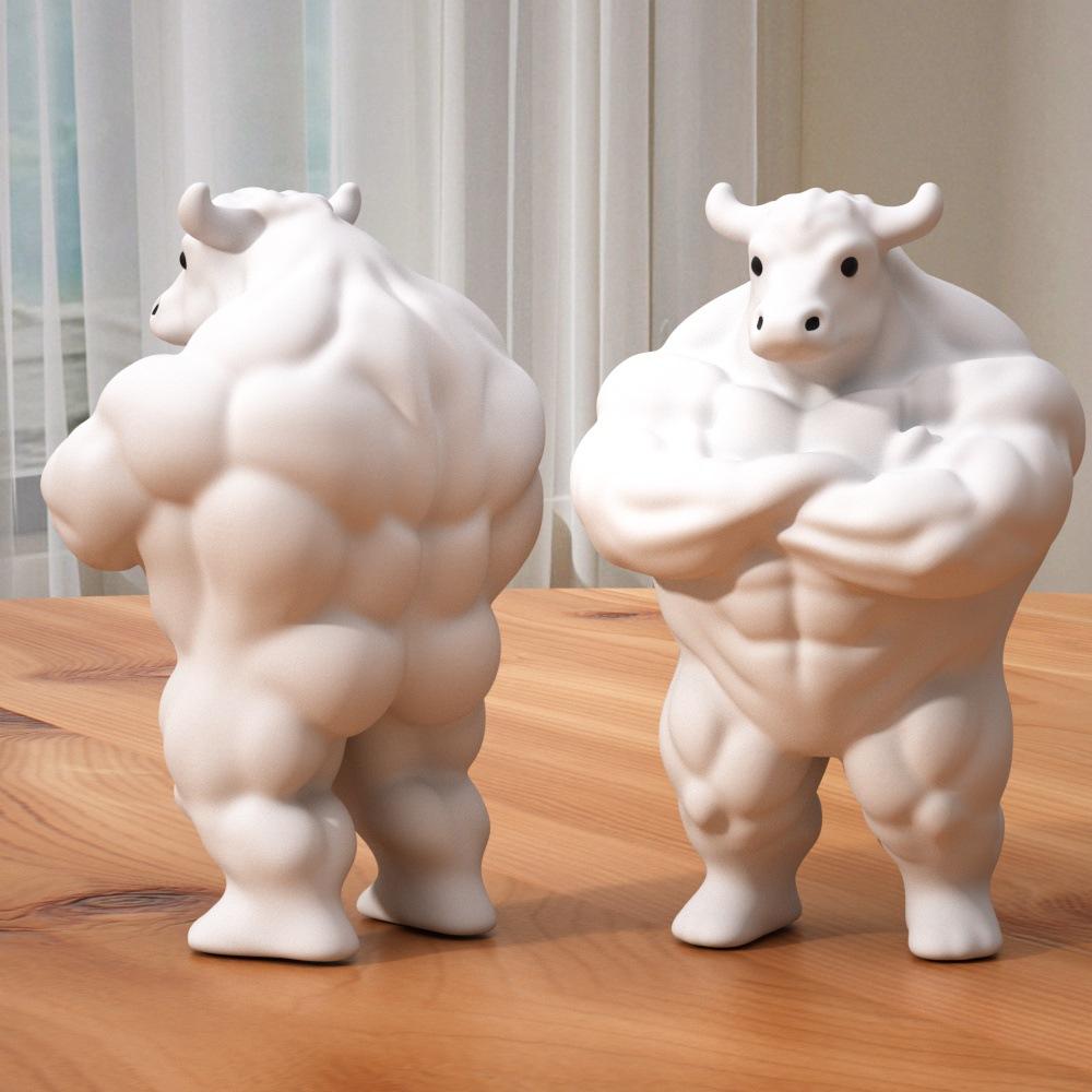Creative Muscular Bull Sculpture with Crossed Arms, Whimsical Statue Home Office Desk Decor