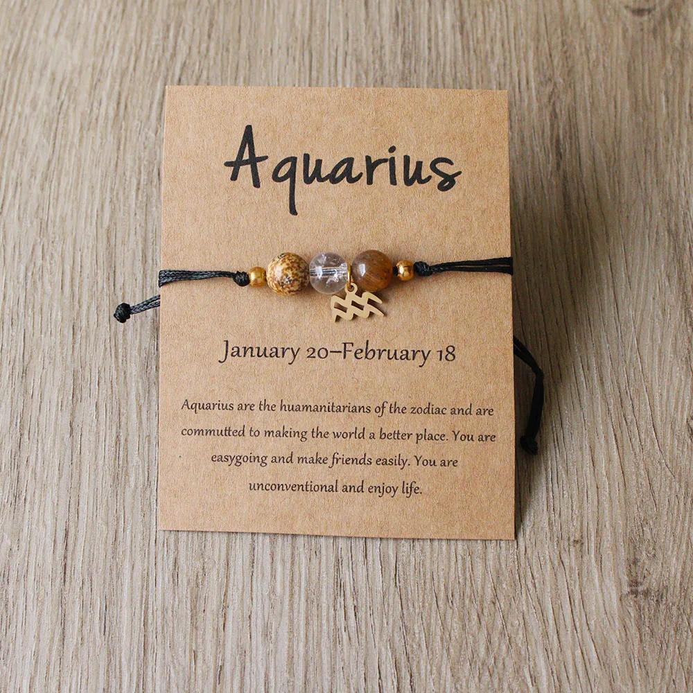 12 Zodiac Signs Natural Stone Handmade Braided Bracelet Minimalist Woven Jewelry for Women Men