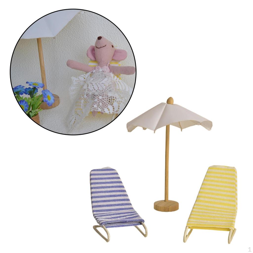 3 Pack of Beach Chair and Umbrella for 1:12 Dollhouse, Mini Model Items Outdoor Settings