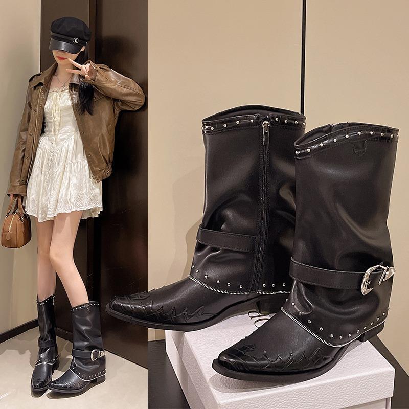 2025 New Leather Western Ankle Boots Buckle Strap Detail Pointed Toe Square Heel Vintage Fashion Footwear Casual Boots