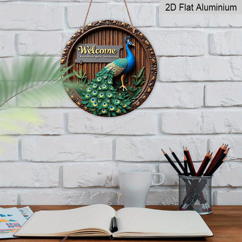 2D Flat, 1pc Round Aluminum Peacock Welcome Metal Sign, Tropical Bamboo Wall Plaque-Unique Design, Waterproof & Rustproof, Perfect for Front Door