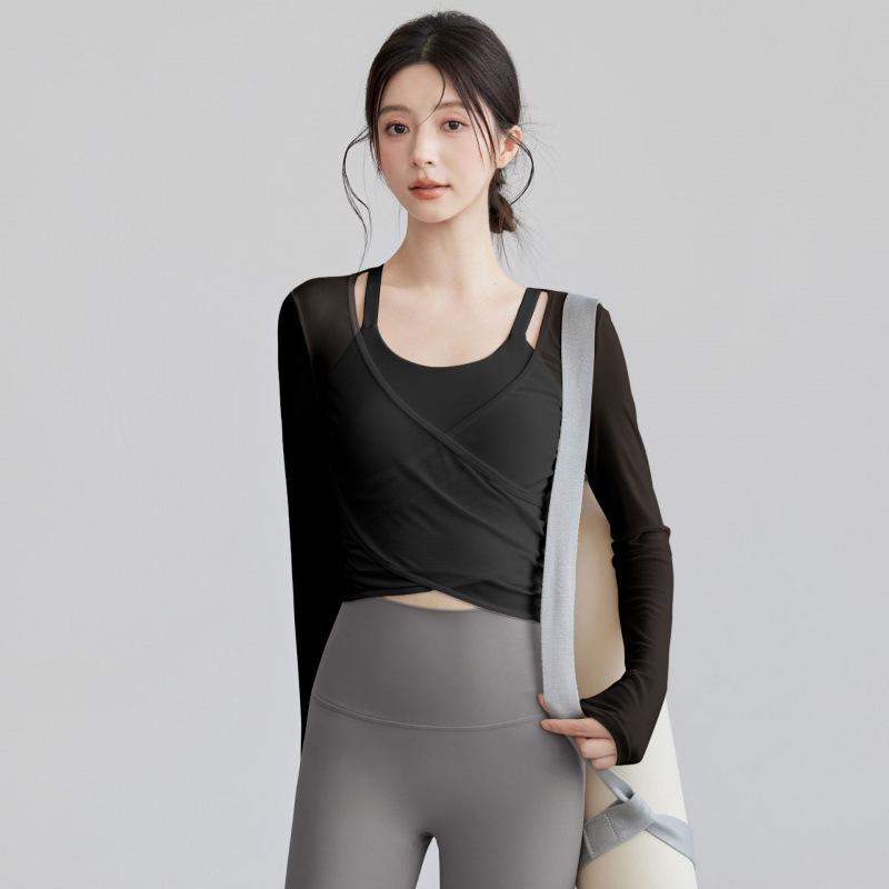 Net Sweet Design Women's High-Waisted Tummy Control Long-Sleeve Yoga Set with Mesh Cover-Up.