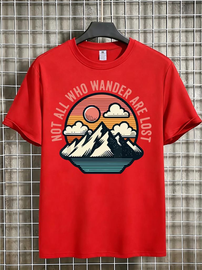Unisex Navy Blue Tee Retro Mountain Sunset Outdoor Slogan Graphic Print Crew Neck Short Sleeve Summer Casual Male Cotton Daily Top
