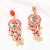 Retro Ethnic Style Flower Print Red Beaded Fringed Earrings, Women's Earrings for Vacation Atmosphere