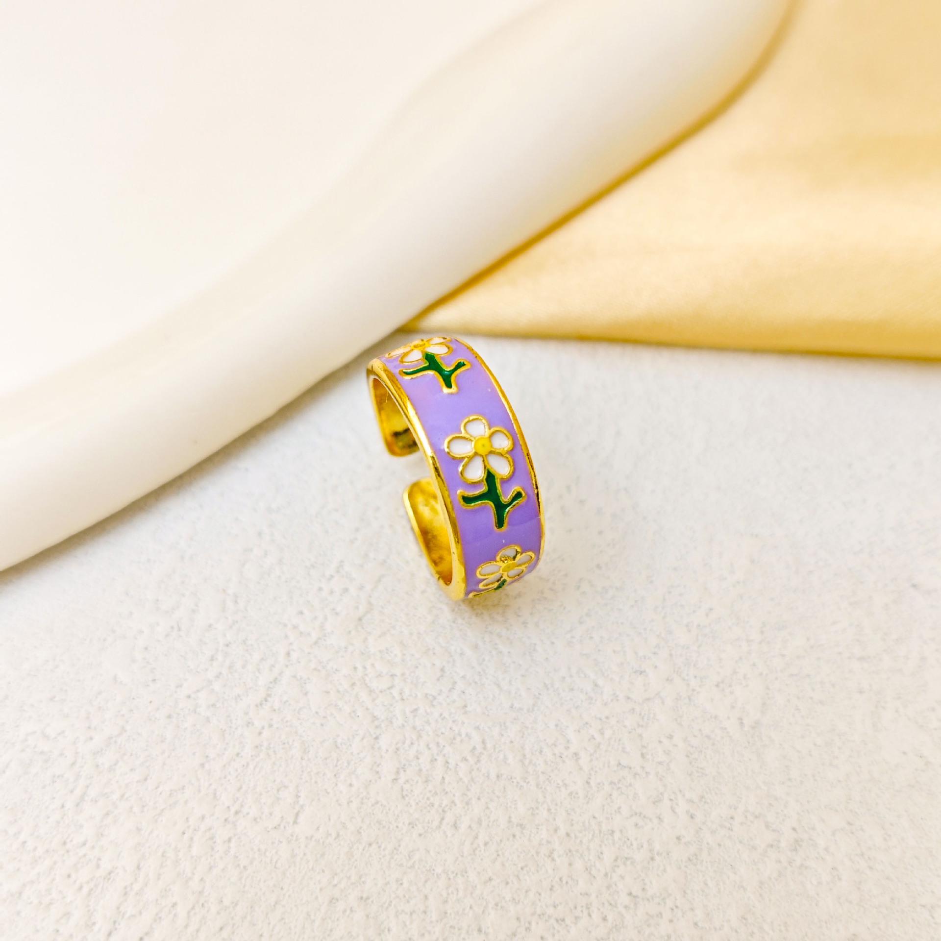 Handmade Geometric Glaze Drip Flower Stud Earrings & Ring Set for Women