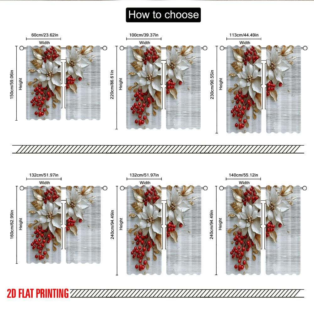 2pcs 2D flat printing Christmas Scene Curtains Red berries_ white flowers and gold leaves on a snowy background Digital Printed