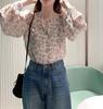 Spring/Autumn 2025 Korean Floral Chiffon Bubble Sleeve Blouse - Women's Long Sleeve Elegant Top