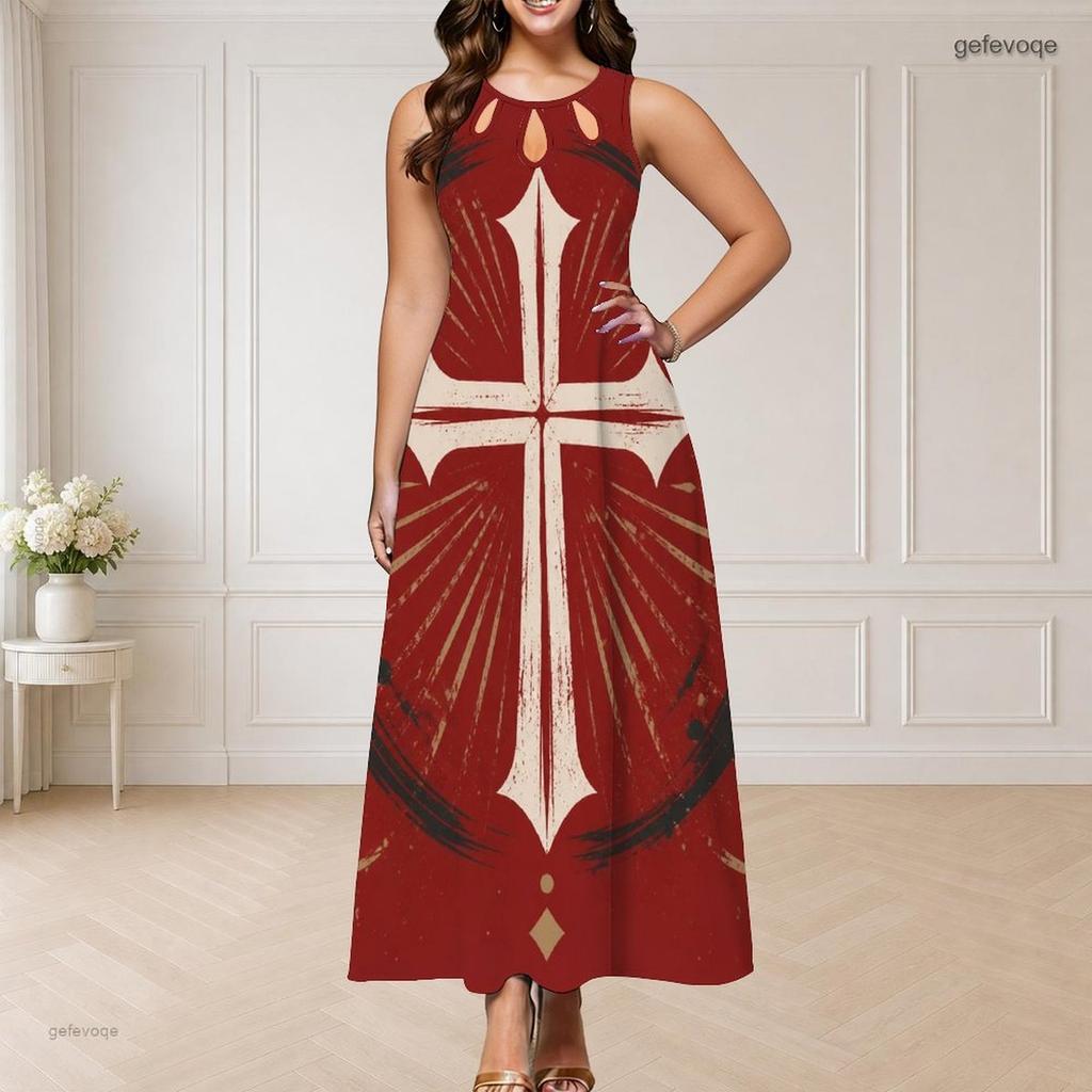 Women Plus Size Sleeveless Round Neck Triple Keyhole Cutout Black Gold Beige Printed Long Dress