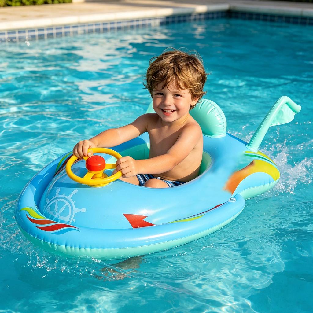 Inflatable Kids Spaceship & Rocket Swimming Ring With Steering Wheel, Water Pool Float Seat