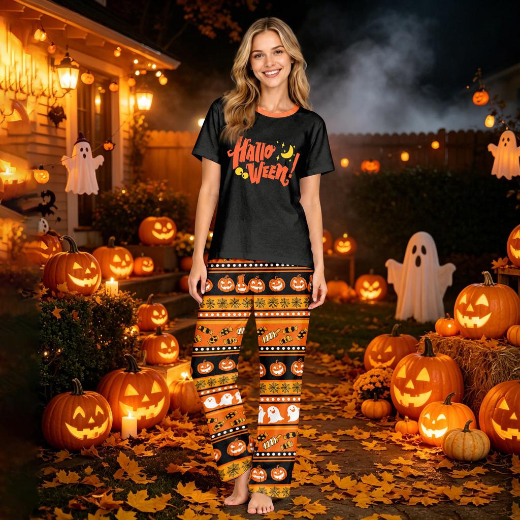 Family Matching Halloween Printed Pajama Set Short Sleeve Top and Pants
