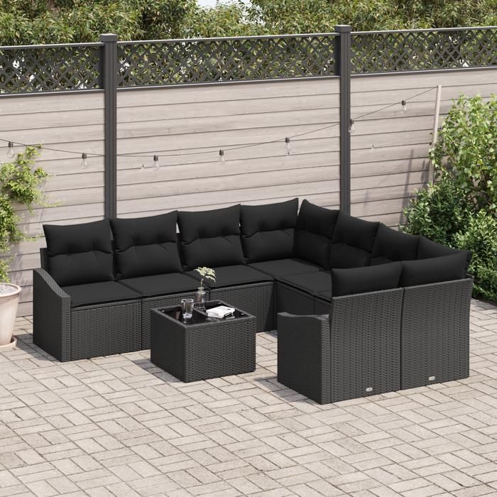 VidaXL Ensemble de canapé de jardin 9 pièces avec coussins en poly rotin noir 3346663