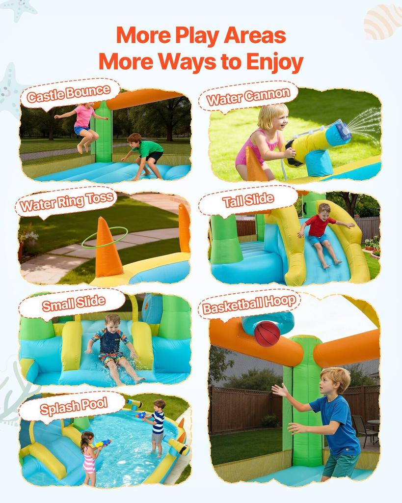 Inflatable Bounce House, 12.5 X 13.1 X 6.5 Ft Inflatable Bounce House Water Slide, Bouncer Castle with Castle Bounces, Basketball Hoop, Splash Pool &