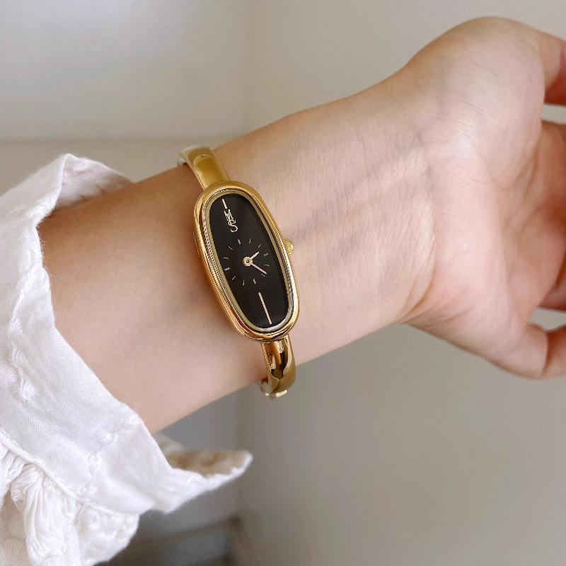 Luxury Ladies' Watch Bracelet-Style Watch Long Oval Shape Elegant Black Gold Women's Stainless Steel Timepiece Gift