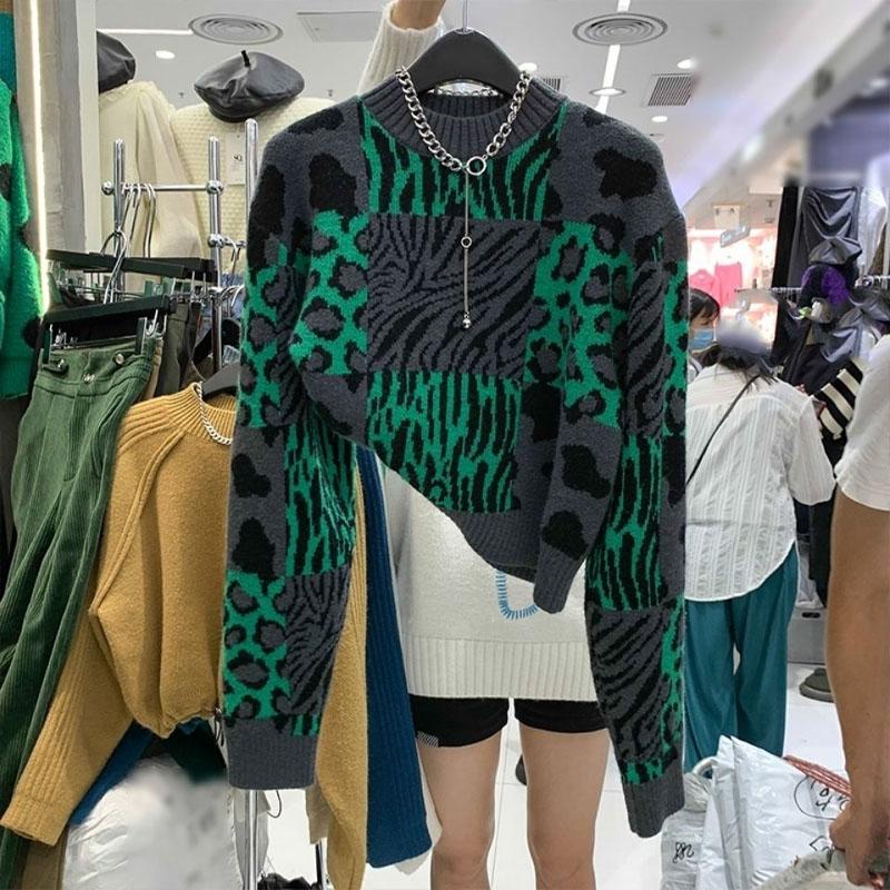 New Winter Fashion Brand Retro Leopard Pattern Half High Neck Thickened Loose Versatile Western Style Slimming Women's Sweater