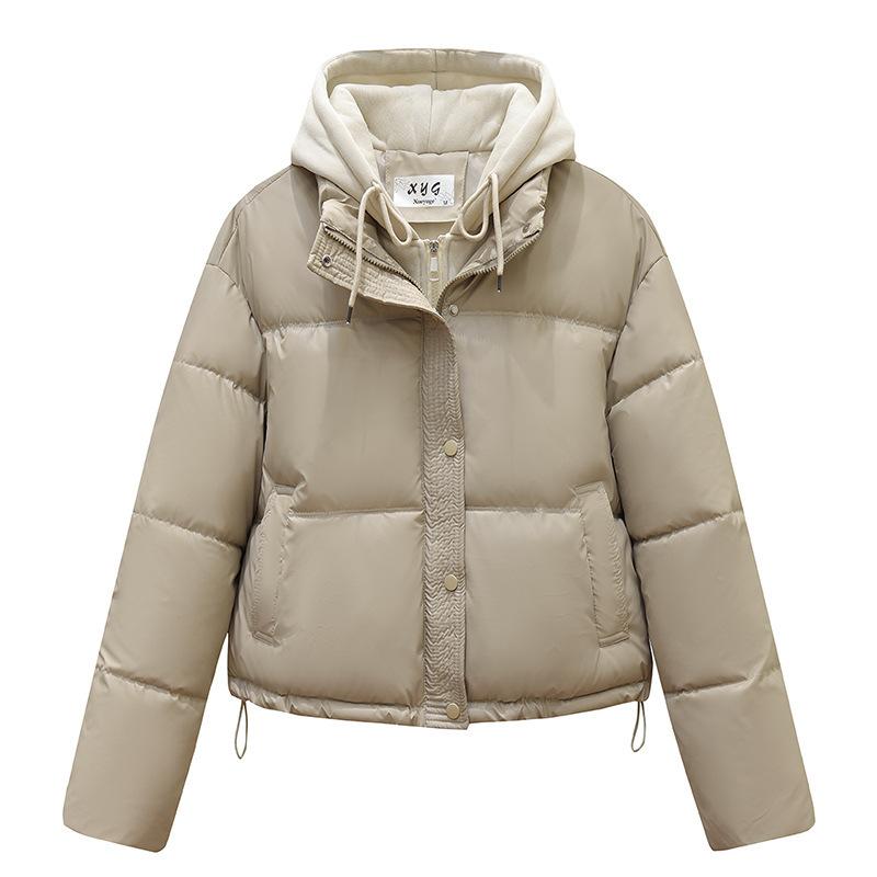 Fake two-piece padded jacket leave-in winter pu new padded jacket short thickened padded jacket hooded bread small jacket