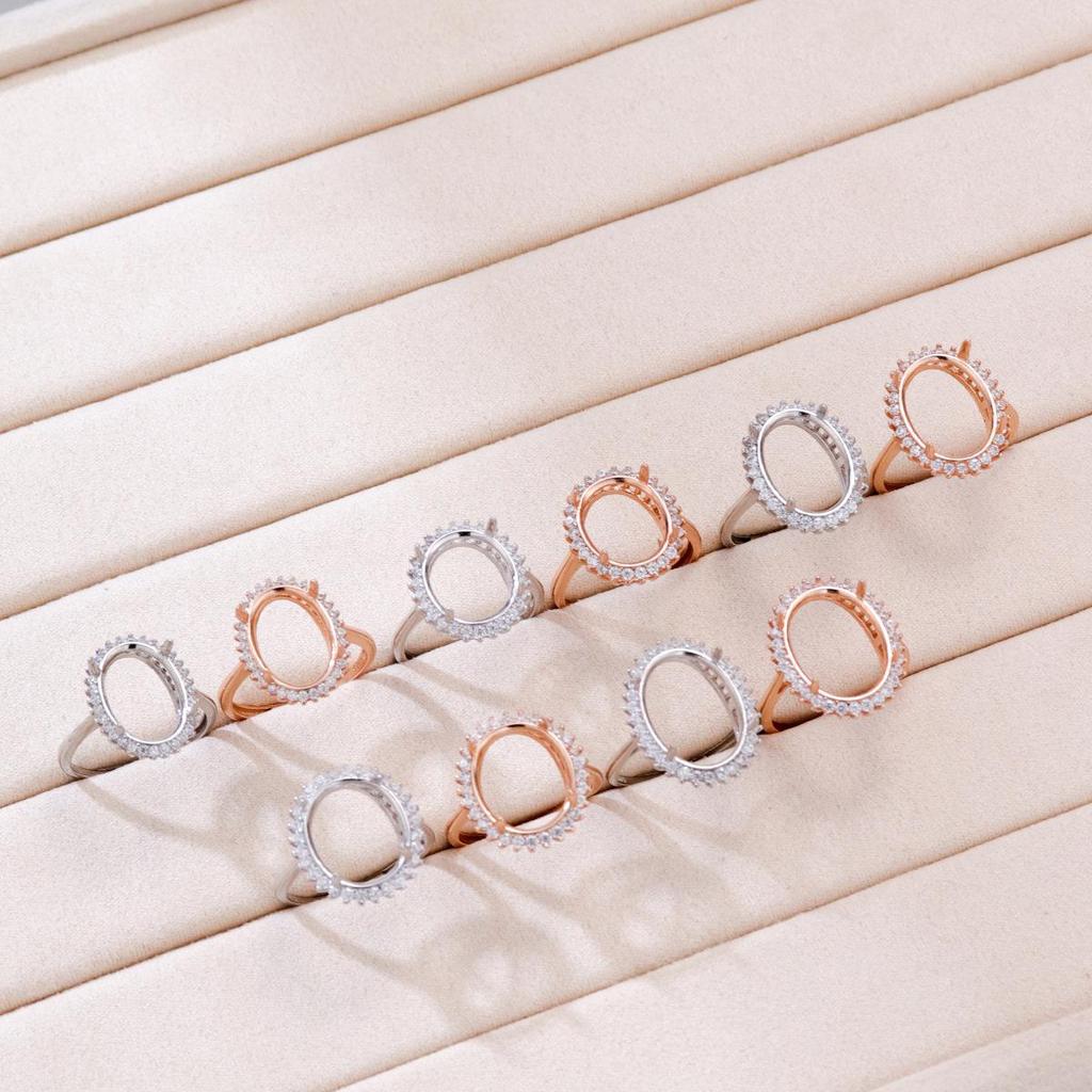 Lady Di Series Adjustable S925 Sterling Silver Rose Gold Plated Oval Ring, Egg-Shaped Empty Setting.
