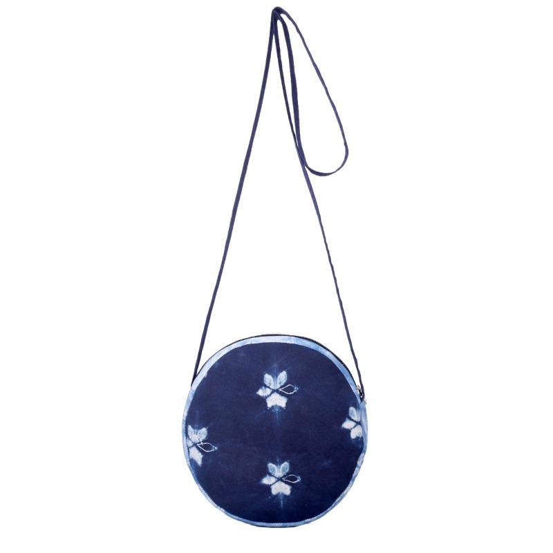 A Retro and Trendy Single-shoulder Crossbody Bag for Women with Hand-tie-dyed Blue Flowers in Ethnic Style