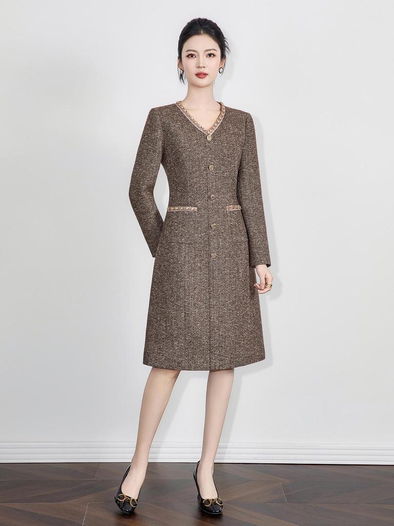 Kadınlar İçin Taşlı Yaka, Şık Sosyetik, Altın İplikli Balıksırtı Yün Elbise