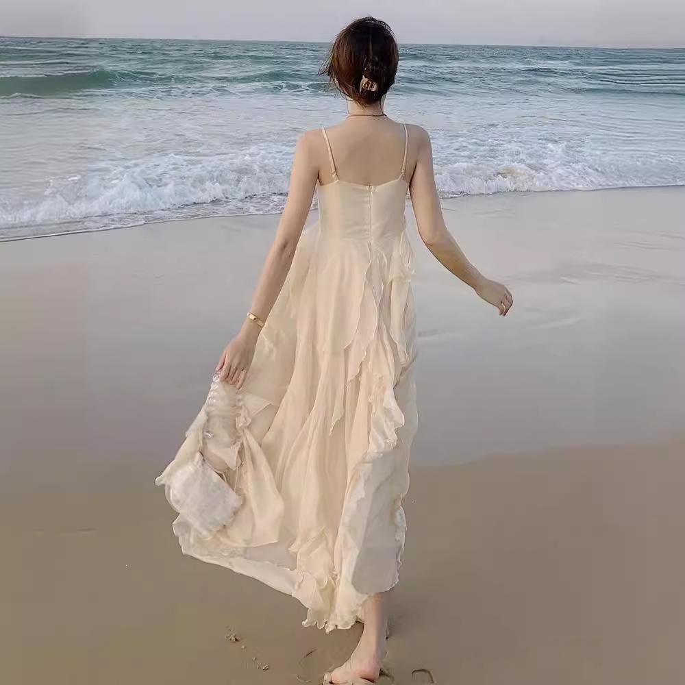 Sanya Women's Fairy Beach Dress - Summer French Strappy Seaside Vacation Long Dress