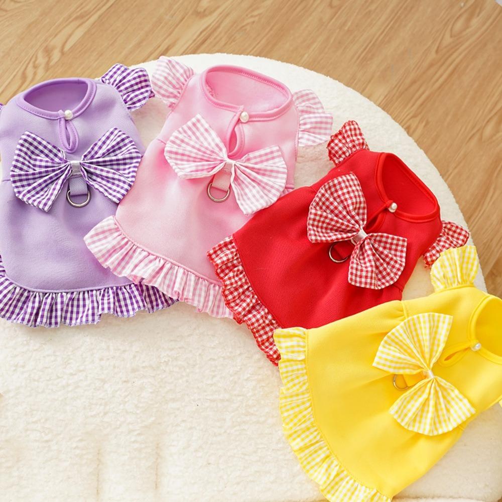 Bow Plaid Summer Dog Skirt Polyester Pet Clothing New Puppy Princess Dress for Cats Kitten