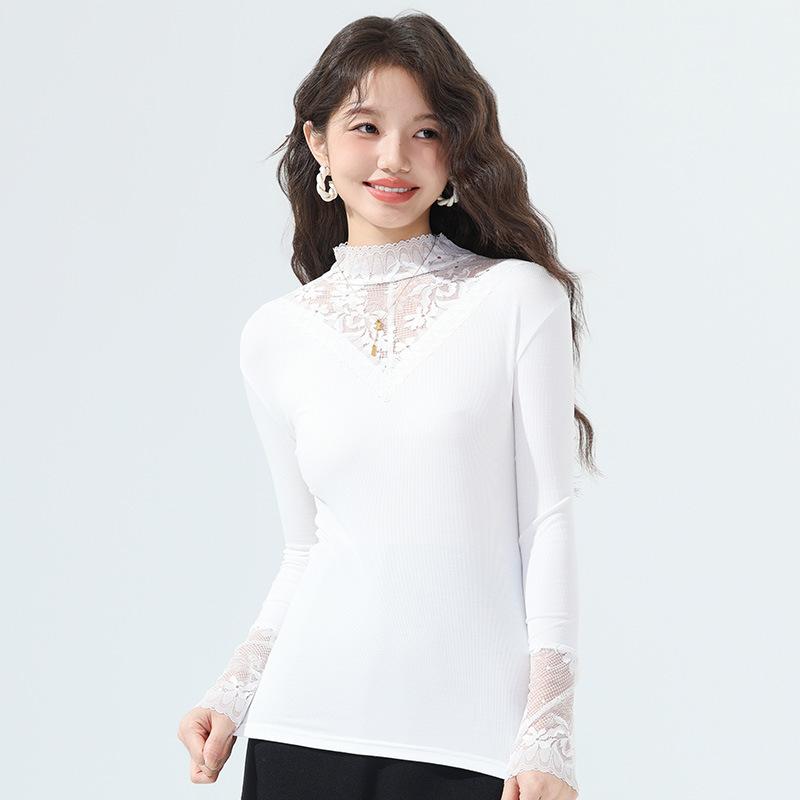 Lace top women's long-sleeved autumn and winter new large-size women's clothing semi-turtleneck mesh inner bottoming shirt