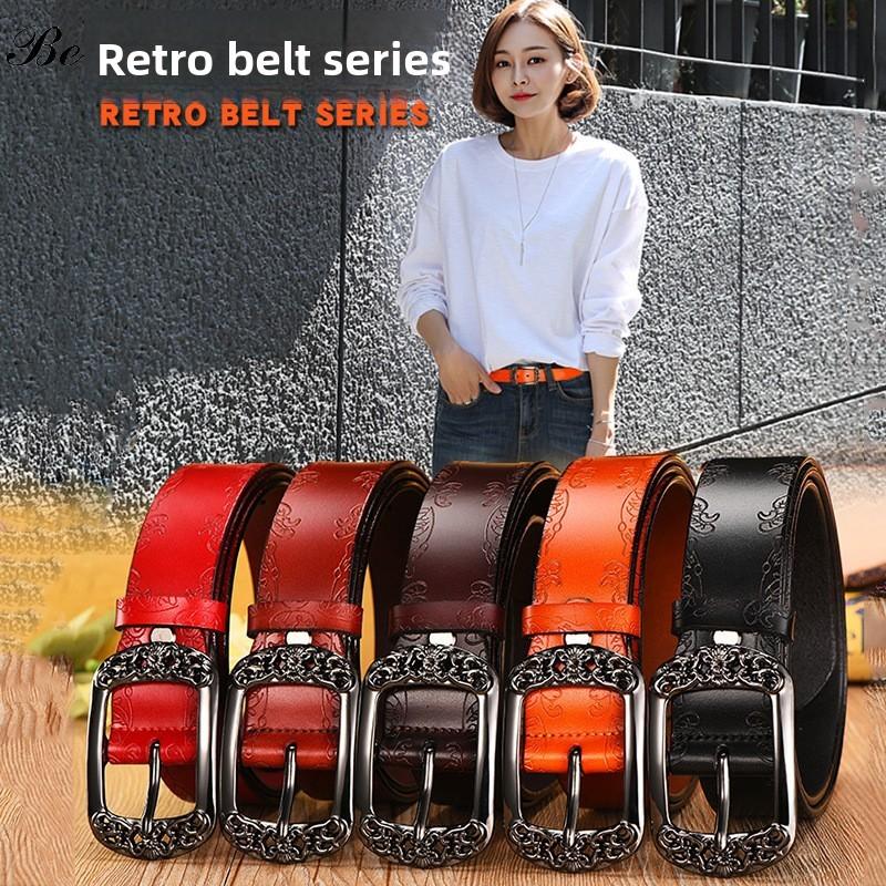 Pulaiteqi Vintage Leather Belt For Women With Round Buckle Elegant Two Layer Cowhide Accessory