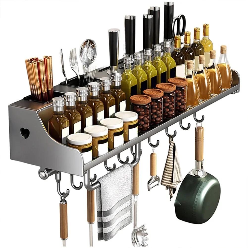 

Stainless Steel Kitchen Utensil Rack Space Saving Wall Mount with Double Layer Spice Storage and Hanging Hooks