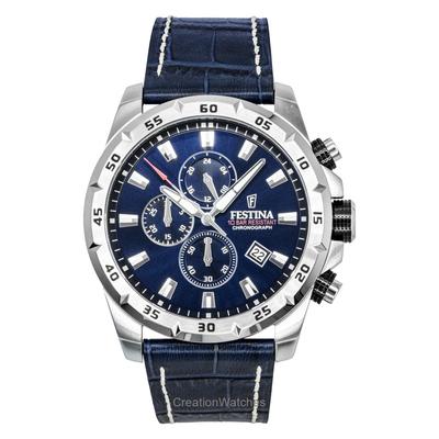 Tijdloos Chronograaf Lederen Band Blauwe Wijzerplaat Kwarts F20692-2 100M Herenhorloge