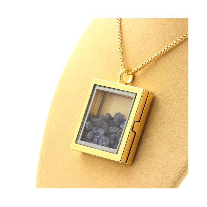 Stones and Minerals. Raw Sapphire Necklace. Square Model. Gold Color.