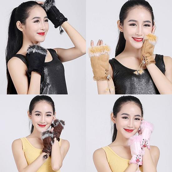 Women's Fashion Winter Warm Imitation Rabbit Hair Faux Leather Fingerless Gloves