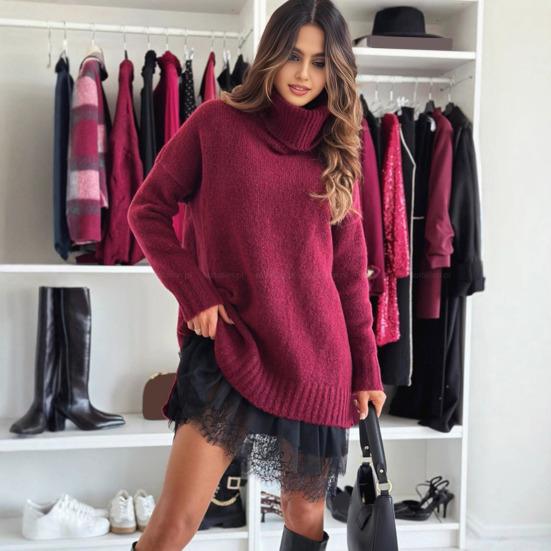 Women Sweater High Collar Long Sleeve Ribbed Trim Knitted Tops Solid Color Loose Fit Autumn Winter Casual Sweater