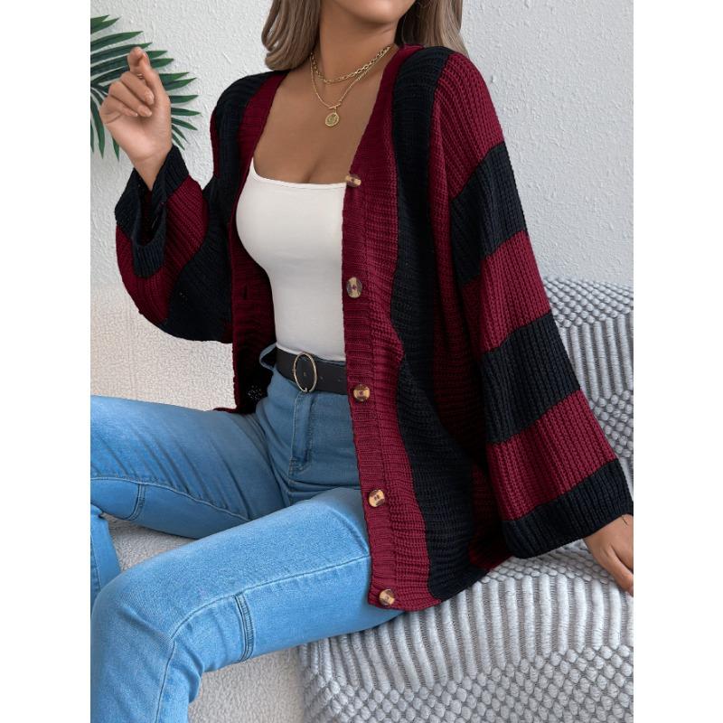 Autumn and Winter Color-blocking Striped Flared Sleeve Cardigan Sweater, Mid-length Coat for Women