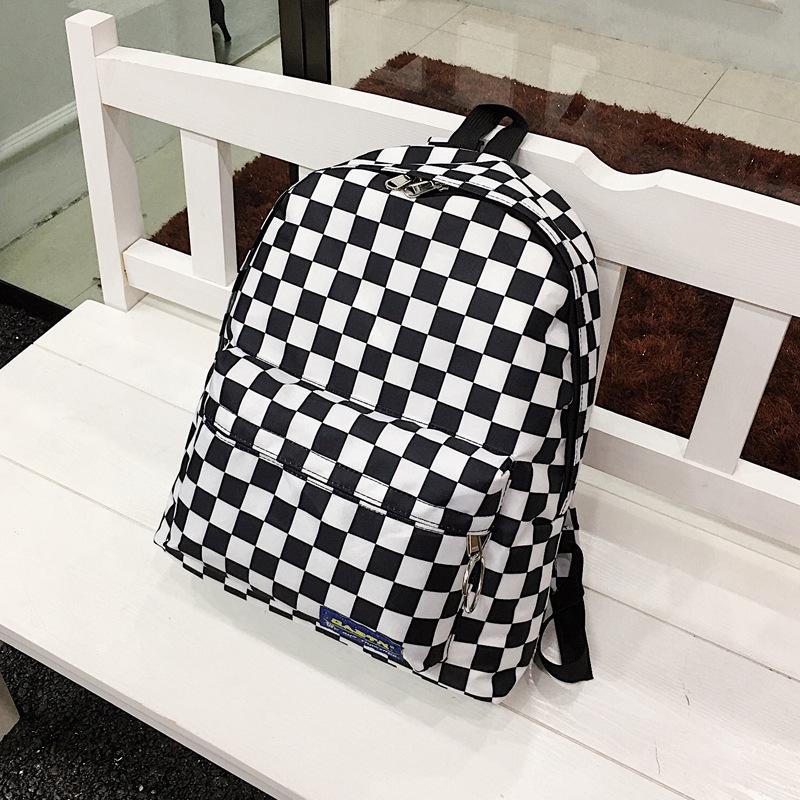 2018 Black & White Checkered Nylon Backpack – Casual Outdoor Women's Student Bookbag