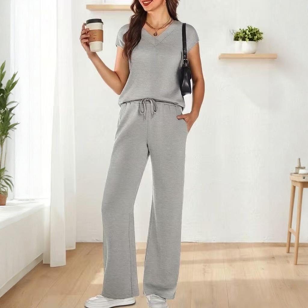 Fashionable Women's Loose V-neck Short Sleeved Top, Loose Casual Wide Leg Pants Set