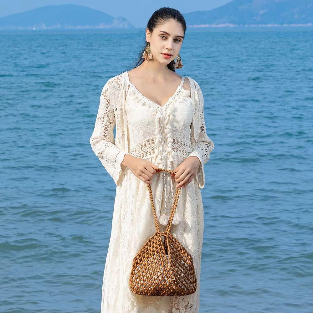 Borsa a tracolla casual in poliestere con fodera e perline, grande capacità, borsa a mano tessuta a mano da donna, forma a secchiello, borsa a tracolla da donna, per abbigliamento casual