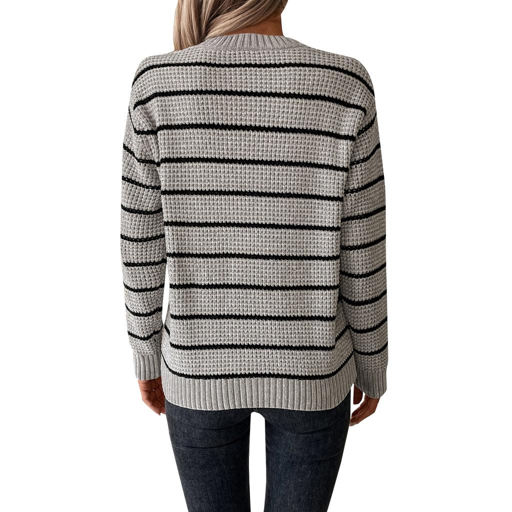 Gestreifter Pullover für Damen, Rundhalsausschnitt, lange Ärmel, Farbblock-Strickoberteile, lässiger Strickpullover, trendige Herbstkleidung