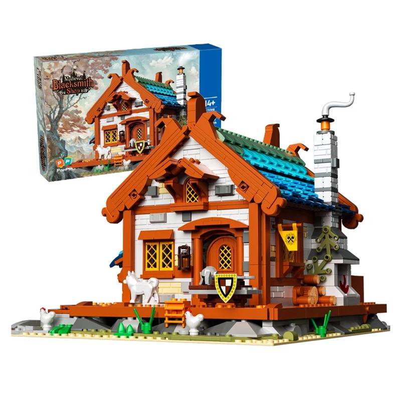 

1707 шт. Средневековая кузница Строительные блоки Европейская уличная сцена Кирпичики Набор-модель Со светом Детская развивающая DIY игрушка Подарок