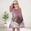 Girl Casual 3D Print Pink Cat Round Neck Long Sleeve Dress Kid Princess Dress