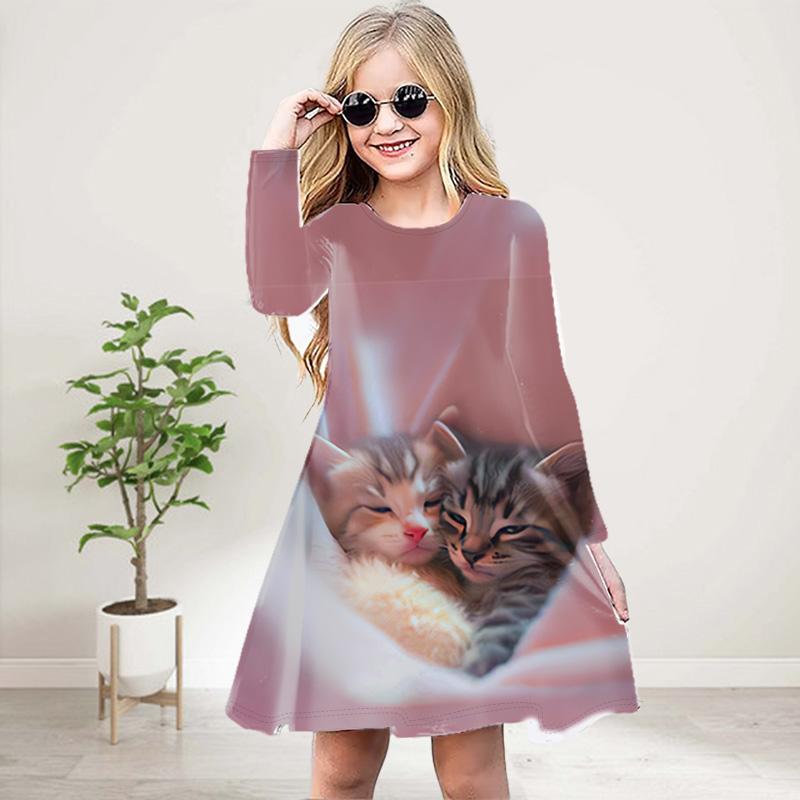 Girl Casual 3D Print Pink Cat Round Neck Long Sleeve Dress Kid Princess Dress