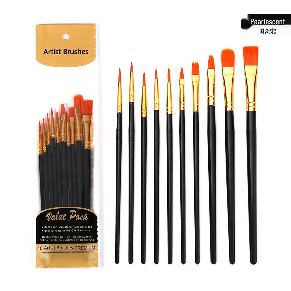 10-Piece Nylon Paintbrush Set with Plastic Handles for Oil, Watercolor, and Gouache Painting Plastic Handle