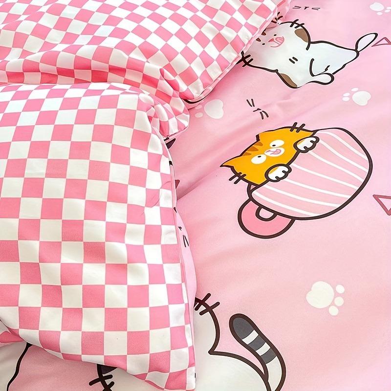 Kawaii Cartoon Cat Duvet Cover Set Pink Checkerboard Reversible Design Kitten Quilt Pillowcase Bedding For Teen Girls Bedroom