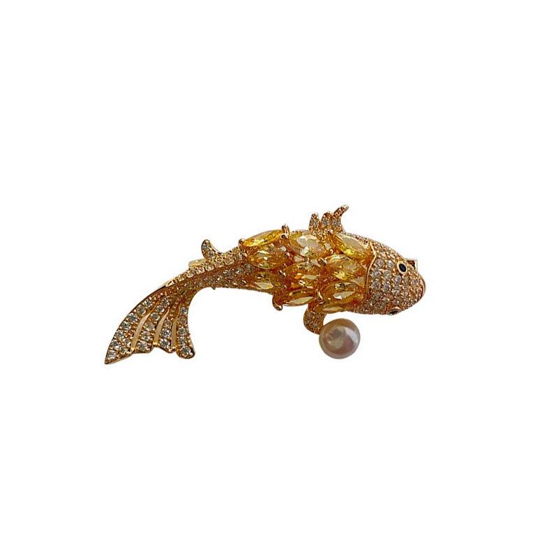 High-End Vintage Zirconia Inlaid Lucky Koi Fish Brooch - Fashionable Jewelry Pin for Women